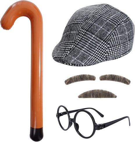 5Pcs Old Man Grandpa Costume Kit - Gray Mustache and Eyebrows, Glasses, Flat Hat, Inflatable Cane Set in Saudi Arabia