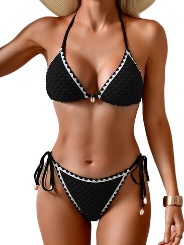 Fanuerg Women's Triangle Bikini Sets Sexy Halter String Two Piece Swimsuit Color Block Swimwear Bathing Suit in Saudi Arabia