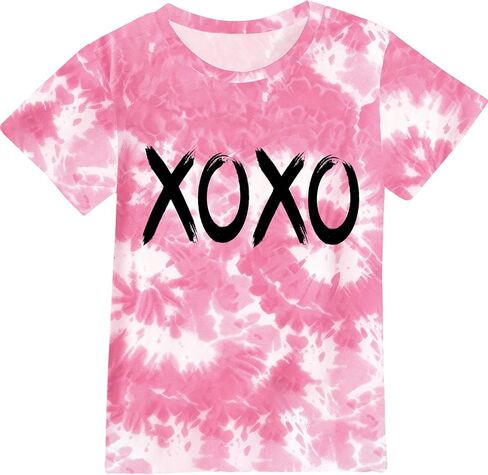 الفتيات عيد الحب قمصان قصيرة الأكمام الحب القلب التعادل صبغ الاطفال عارضة التي شيرت فراشة Crewneck المحملة الأعلى سن 3-14 in Kuwait