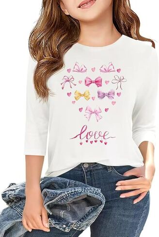 Kids Valentines Day Graphics Tees 3/4 Sleeve Crew Neck Heart Graphics Casual Tee Holiday Matching Tops in Saudi Arabia