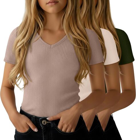 3 Pack Girls Ribbed Short Sleeve Shirts V Neck Slim Fit Tops Kids Summer Comfy Cute Teen Basic Tees in Saudi Arabia