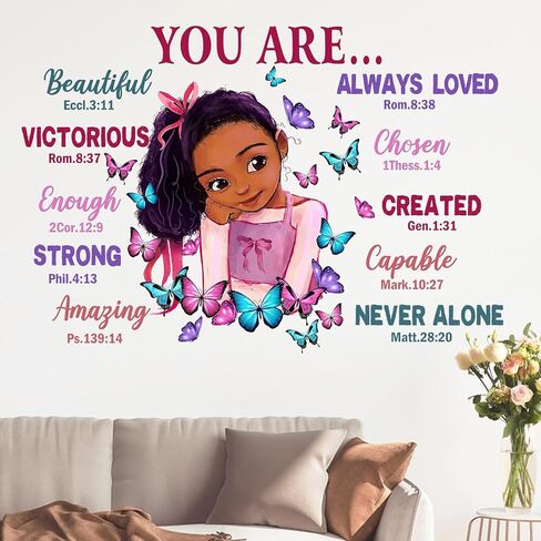 Yovkky Black Girl Religious Butterfly Wall Decal Sticker, Positive Saying African American You are Beautiful Nursery Decor, Inspirational Home Afro Kid Room Decoration Bedroom Playroom Art Gift in Saudi Arabia
