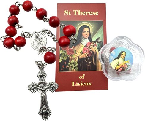 Westmon Works St Therese Rosary Chaplet خرز خشبي وصليب معدني مع حافظة مطابقة وبطاقة مقدسة in Kuwait