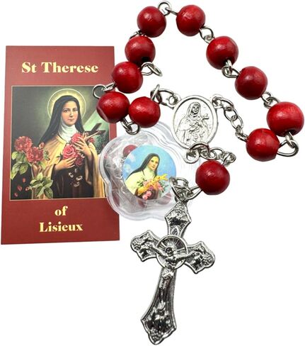 Westmon Works St Therese Rosary Chaplet خرز خشبي وصليب معدني مع حافظة مطابقة وبطاقة مقدسة in Kuwait