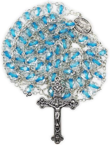 Handmade Our Lady of Fatima Double Chain Rosary - Clear & Blue Glass Beads, Double-Sided Medallion, Includes Case, Made in Portugal in Saudi Arabia