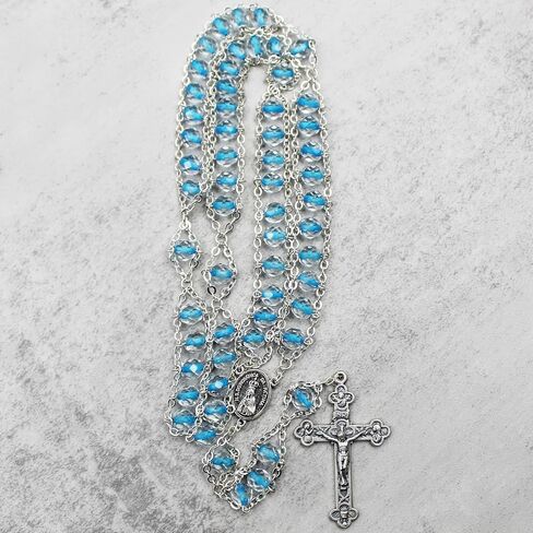 Handmade Our Lady of Fatima Double Chain Rosary - Clear & Blue Glass Beads, Double-Sided Medallion, Includes Case, Made in Portugal in Saudi Arabia