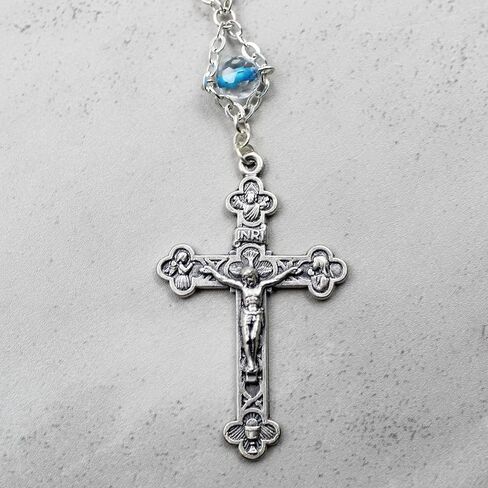 Handmade Our Lady of Fatima Double Chain Rosary - Clear & Blue Glass Beads, Double-Sided Medallion, Includes Case, Made in Portugal in Saudi Arabia