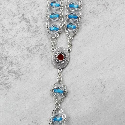 Handmade Our Lady of Fatima Double Chain Rosary - Clear & Blue Glass Beads, Double-Sided Medallion, Includes Case, Made in Portugal in Saudi Arabia