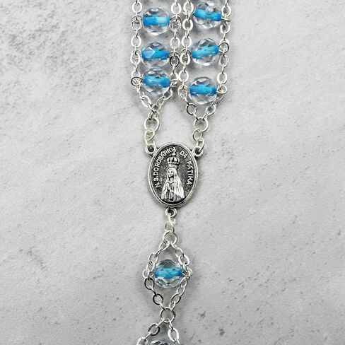 Handmade Our Lady of Fatima Double Chain Rosary - Clear & Blue Glass Beads, Double-Sided Medallion, Includes Case, Made in Portugal in Saudi Arabia