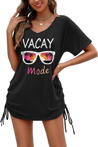 AI'MAGE Swimsuit Coverup for Women Short Sleeve Bathing Suit Cover Up T-Shirt Casual Beach Dress Drawstring Swim Cover Up in Kuwait