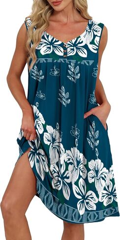 Women's House Dress Pleated Nightgown Sleeveless Sleepwear Mumu Loungewear Wide Strap Sleep Nightshirt With Pockets in Saudi Arabia