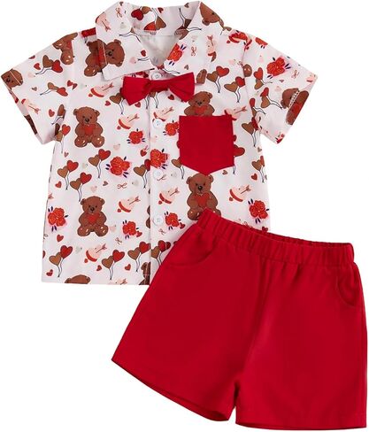 Toddler Baby Boy Valentine's Day Outfit Heart Print Short Sleeve Button Down Shirt and Shorts Set Valentines Clothes in Kuwait
