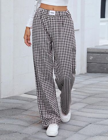 Women's Casual Elastic Waist Plaid Pants Trendy Pajama Pants Breathable Y2k Trousers with Pockets in Saudi Arabia
