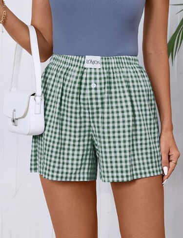 Women's Cotton Boxer Shorts Summer Casual Lounge Pajama Bottoms Gingham Plaid Y2K Style in Saudi Arabia