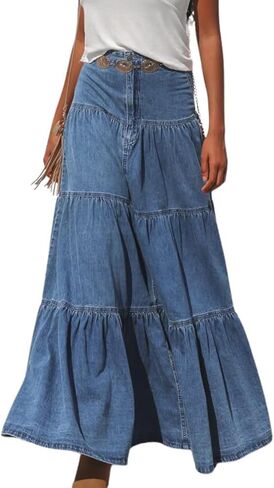 تنورة شوياتو النسائية 2025 غير رسمية على شكل حرف a متدرجة ماكسي جان تنورة فلوي سوينغ مطوي بوهو تنورة طويلة من الدنيم in Kuwait