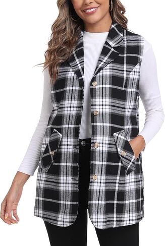 MoFiz Womens Long Flannel Plaid Vest Fall Winter Button Down Sleeveless Blazer Jackets Cardigan Coat Outerwear With Pockets in Saudi Arabia