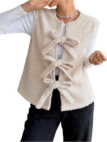 MakeMeChic Women's Fleece Sweater Vest Fuzzy Tie Front Sleeveless Teddy Sherpa Cardigan in Saudi Arabia