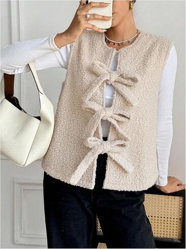 MakeMeChic Women's Fleece Sweater Vest Fuzzy Tie Front Sleeveless Teddy Sherpa Cardigan in Saudi Arabia