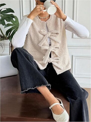 MakeMeChic Women's Fleece Sweater Vest Fuzzy Tie Front Sleeveless Teddy Sherpa Cardigan in Saudi Arabia