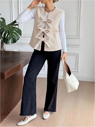 MakeMeChic Women's Fleece Sweater Vest Fuzzy Tie Front Sleeveless Teddy Sherpa Cardigan in Saudi Arabia