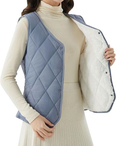 Women's V Neck Quilted Vest Single Breasted Fleece Lined Sleeveless Down Gilet Winter Casual Lightweight Vest in Saudi Arabia