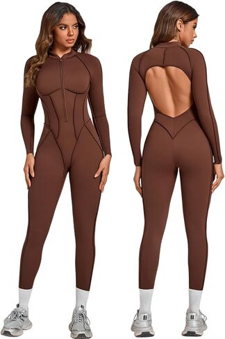 ABOCIW Womens Zipper Long Long Sleeve Workout Jumpsuit Contouring Seams Backless Bodysuit Yoga Rompers Catsuit in Saudi Arabia