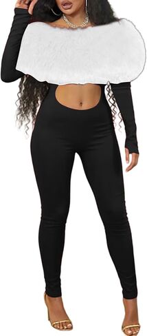 NRTHYE Womens Sexy Strapless One Piece Jumpsuits Faux Fur Neckline Hollow Out Satin Bodycon Romper Club Party Outfits in Saudi Arabia