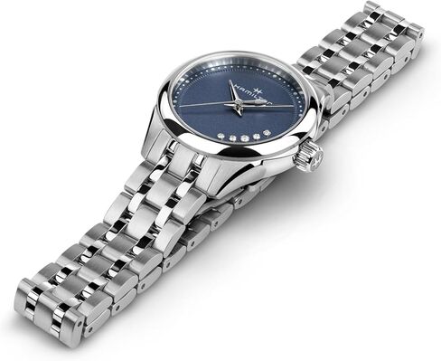 Hamilton Jazzmaster Lady Quartz Women's Watch, 26mm Stainless Steel Case, Swiss Made, Blue Dial Analog Wrist Watch for Women, 50m Waterproof, Sapphire Crystal, Stainless Steel Strap in Saudi Arabia