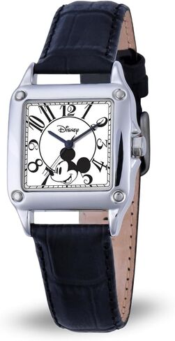 Disney Officially Licensed Mickey Mouse Watch, Stylish & Vintage-Inspired Mickey Mouse Watches for Womens - Women’s Square Watch with White Dial, Silver Case & Black Leather Strap in Saudi Arabia