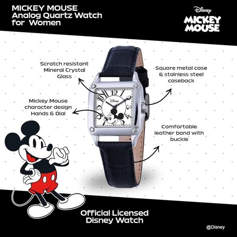 Disney Officially Licensed Mickey Mouse Watch, Stylish & Vintage-Inspired Mickey Mouse Watches for Womens - Women’s Square Watch with White Dial, Silver Case & Black Leather Strap in Saudi Arabia
