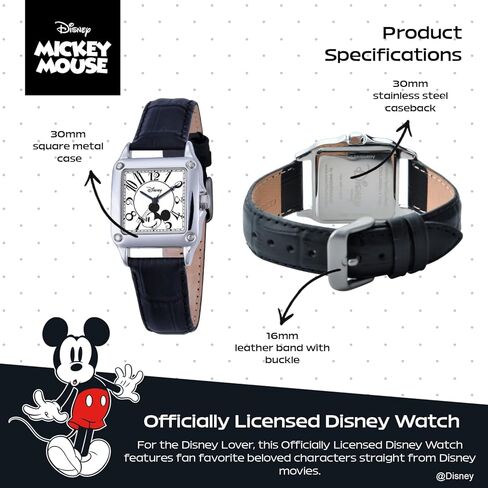 Disney Officially Licensed Mickey Mouse Watch, Stylish & Vintage-Inspired Mickey Mouse Watches for Womens - Women’s Square Watch with White Dial, Silver Case & Black Leather Strap in Saudi Arabia