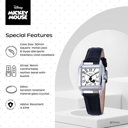 Disney Officially Licensed Mickey Mouse Watch, Stylish & Vintage-Inspired Mickey Mouse Watches for Womens - Women’s Square Watch with White Dial, Silver Case & Black Leather Strap in Saudi Arabia