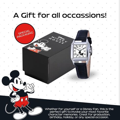 Disney Officially Licensed Mickey Mouse Watch, Stylish & Vintage-Inspired Mickey Mouse Watches for Womens - Women’s Square Watch with White Dial, Silver Case & Black Leather Strap in Saudi Arabia