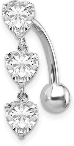 JewelryWeb - خاتم بطن مكعب من الذهب الحقيقي عيار 10 قيراط على شكل قلب مكون من 3 أحجار من الزركونيا - 5 × 28 ملم - ثقب البطن للنساء - خواتم زر البطن من الذهب الحقيقي - خاتم السرة in Kuwait