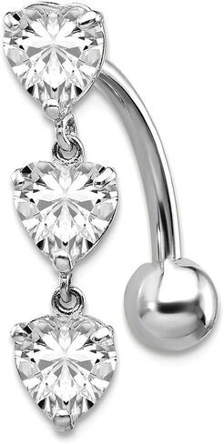 JewelryWeb - خاتم بطن مكعب من الذهب الحقيقي عيار 10 قيراط على شكل قلب مكون من 3 أحجار من الزركونيا - 5 × 28 ملم - ثقب البطن للنساء - خواتم زر البطن من الذهب الحقيقي - خاتم السرة in Kuwait