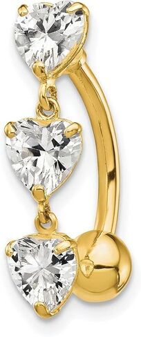 JewelryWeb - خاتم بطن مكعب من الذهب الحقيقي عيار 10 قيراط على شكل قلب مكون من 3 أحجار من الزركونيا - 5 × 28 ملم - ثقب البطن للنساء - خواتم زر البطن من الذهب الحقيقي - خاتم السرة in Kuwait