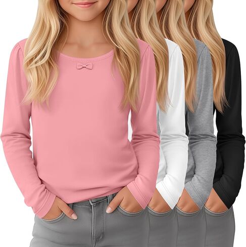4 Pack Girls' Long Sleeve Shirts Soft Crew Neck Tees Kids Casual Basic Tops with Bow Toddler Pleated Cute Tunic in Saudi Arabia