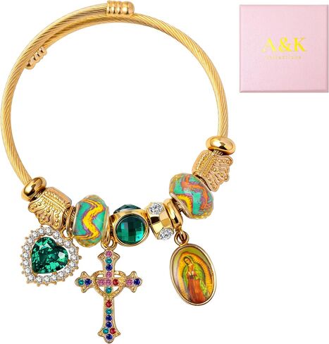 A&K Collections Valentines Day Gifts for Her 18K Gold Beads Bangle with Rhinestones Pandora Style Trendy Cross Heart Charm Luxury Adjustable Bracelet for Women Teen Girl Gifts Trendy Stuff Religious Jewelry in Saudi Arabia