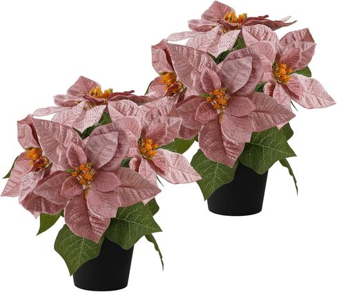 Poinsettias Flowers Artificial 2 Pack Red Faux Christmas Poinsettia Plant Small 11 Inch Winter Flowers for Home Office Table Decorations Indoor Xmas Ornament in Saudi Arabia