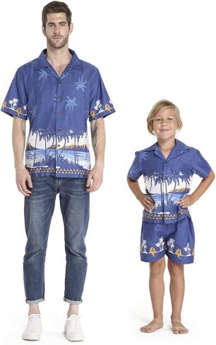 Matching Father Son Hawaiian Luau Outfit Men Shirt Boy Shirt Shorts White with Blue Hibiscus in Saudi Arabia