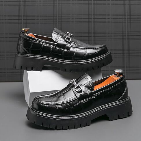 Men's Leather Printed Platform Slip-On Penny Loafers Fashion Round Toe Metal Decoration Non-Slip Lug Sole Business Dress Shoes for Driving Office Party in Saudi Arabia