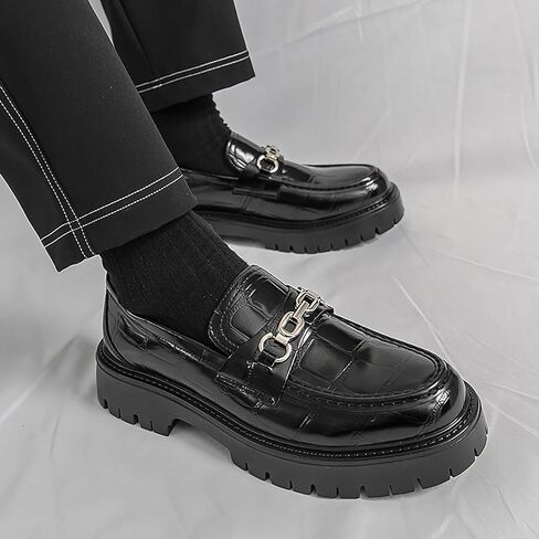 Men's Leather Printed Platform Slip-On Penny Loafers Fashion Round Toe Metal Decoration Non-Slip Lug Sole Business Dress Shoes for Driving Office Party in Saudi Arabia