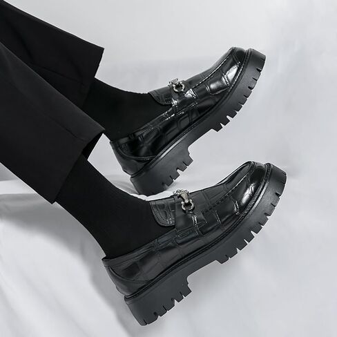 Men's Leather Printed Platform Slip-On Penny Loafers Fashion Round Toe Metal Decoration Non-Slip Lug Sole Business Dress Shoes for Driving Office Party in Saudi Arabia