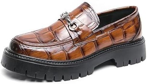 Men's Leather Printed Platform Slip-On Penny Loafers Fashion Round Toe Metal Decoration Non-Slip Lug Sole Business Dress Shoes for Driving Office Party in Saudi Arabia