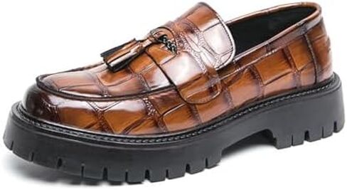 Men's Leather Printed Platform Slip-On Penny Loafers Fashion Round Toe Metal Decoration Non-Slip Lug Sole Business Dress Shoes for Driving Office Party in Saudi Arabia