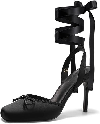 Coutgo Womens Ballet High Heels Slingback Pumps Bow Closed Square Toe Lace Up Sandals Party Prom Shoes in Saudi Arabia