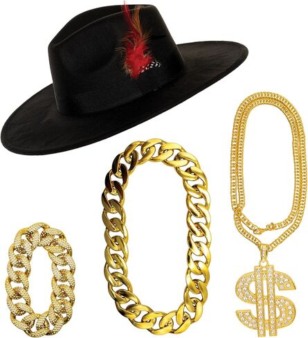 UNDERWRAPSAdult Pimp Accessory KIt - Hat, Dollar Sign Chain, Thick Chain Necklace, Bracelet, 70s 80s 90s Outfits For Men in Saudi Arabia