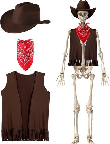 Eurzom 3 Pcs Western Outfit for 6ft Skeleton Cowboy Costume Bandana Vest Hat for Skeleton Decor in Saudi Arabia