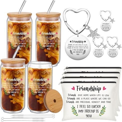 Friendship Gifts for Women, Christmas Birthday Gifts for Friend, 4 Pcs Friend 16 oz Glass Cups, 4 Pcs Friends Makeup Bags, 4 Pcs Keychains, Friend Gift for Coworker Sister Roommate(Heart) in Saudi Arabia