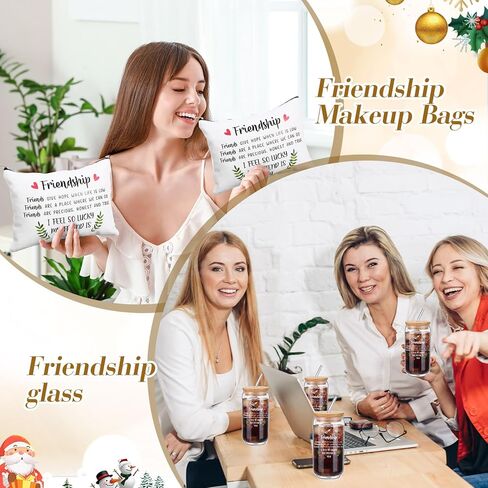 Friendship Gifts for Women, Christmas Birthday Gifts for Friend, 4 Pcs Friend 16 oz Glass Cups, 4 Pcs Friends Makeup Bags, 4 Pcs Keychains, Friend Gift for Coworker Sister Roommate(Heart) in Saudi Arabia